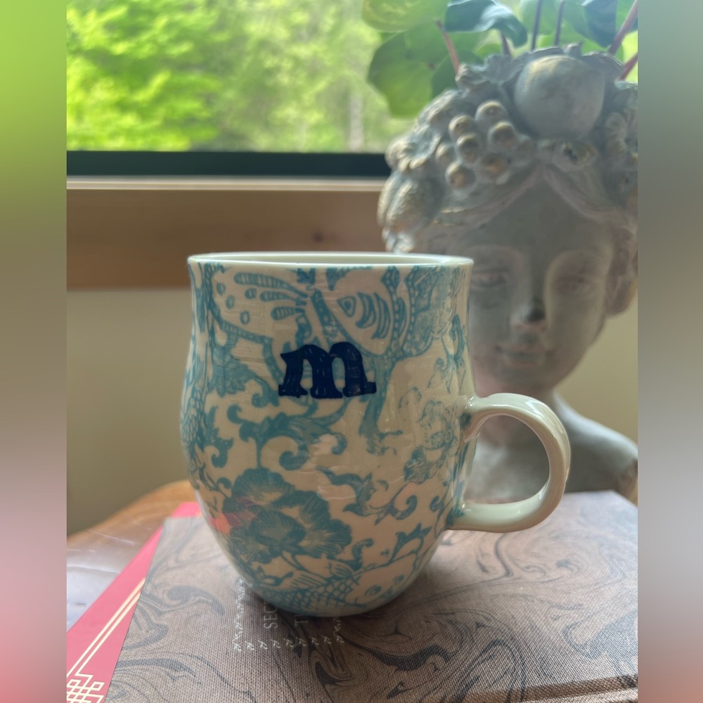 Anthropologie Homegrown M Initialed Coffee Tea Mug Cup Floral Fish Themed